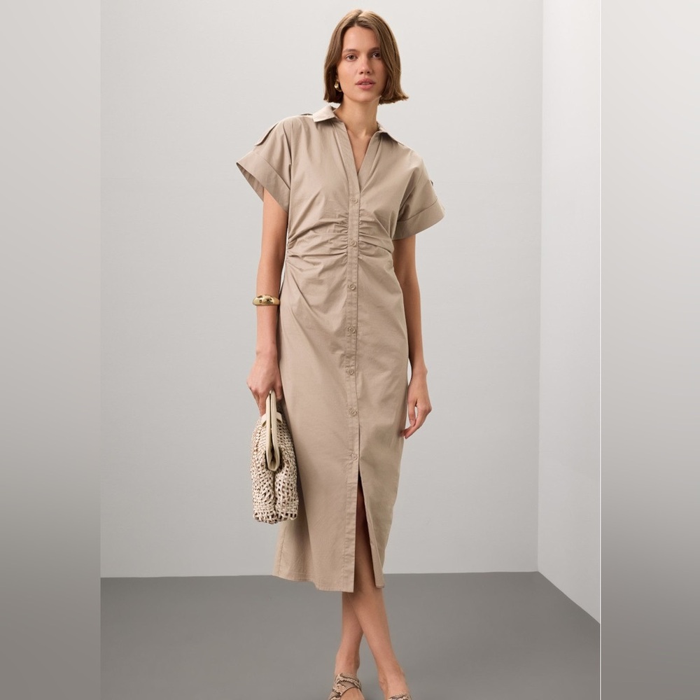 Beige Ruched-Front Shirt Midi Dress